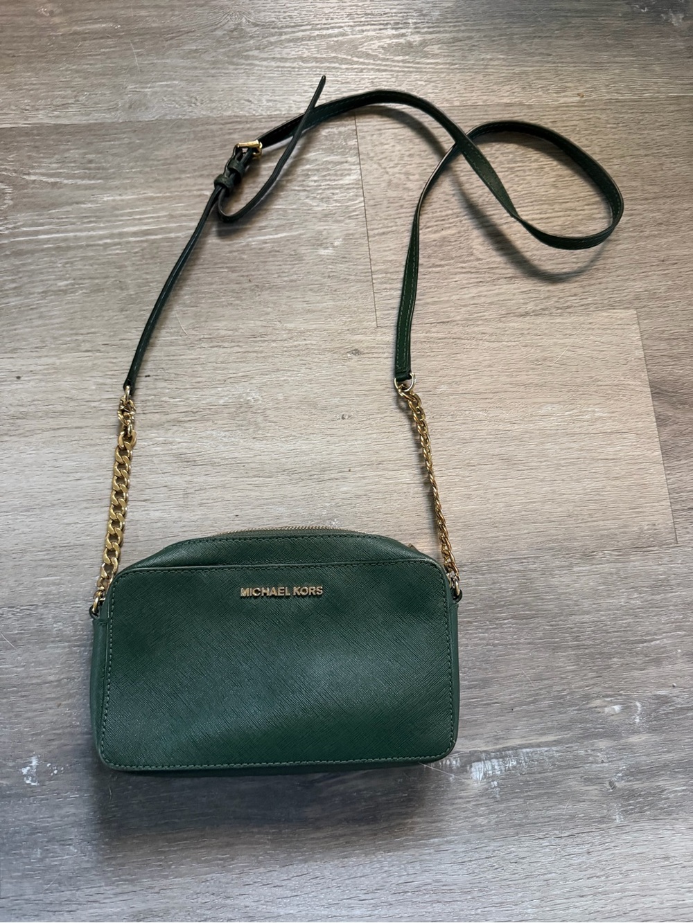 Michael Kors Dark Green Saffiano Crossbody with Gold Chain